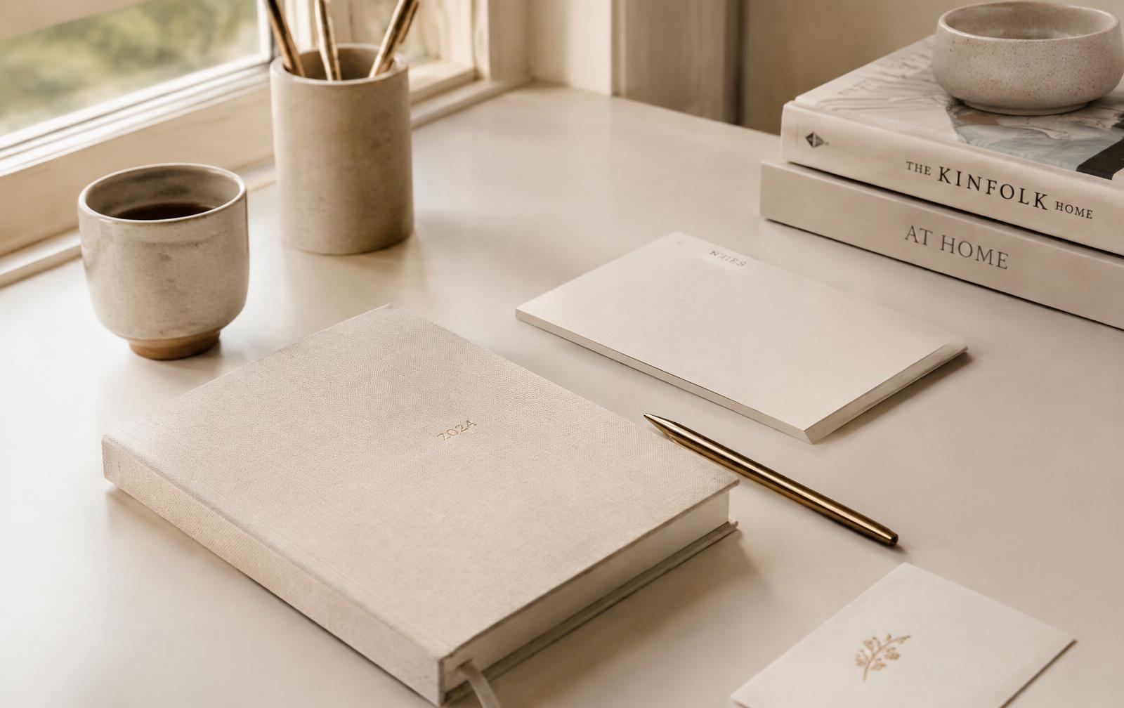 A calm, organized desk with a linen planner and brass pen